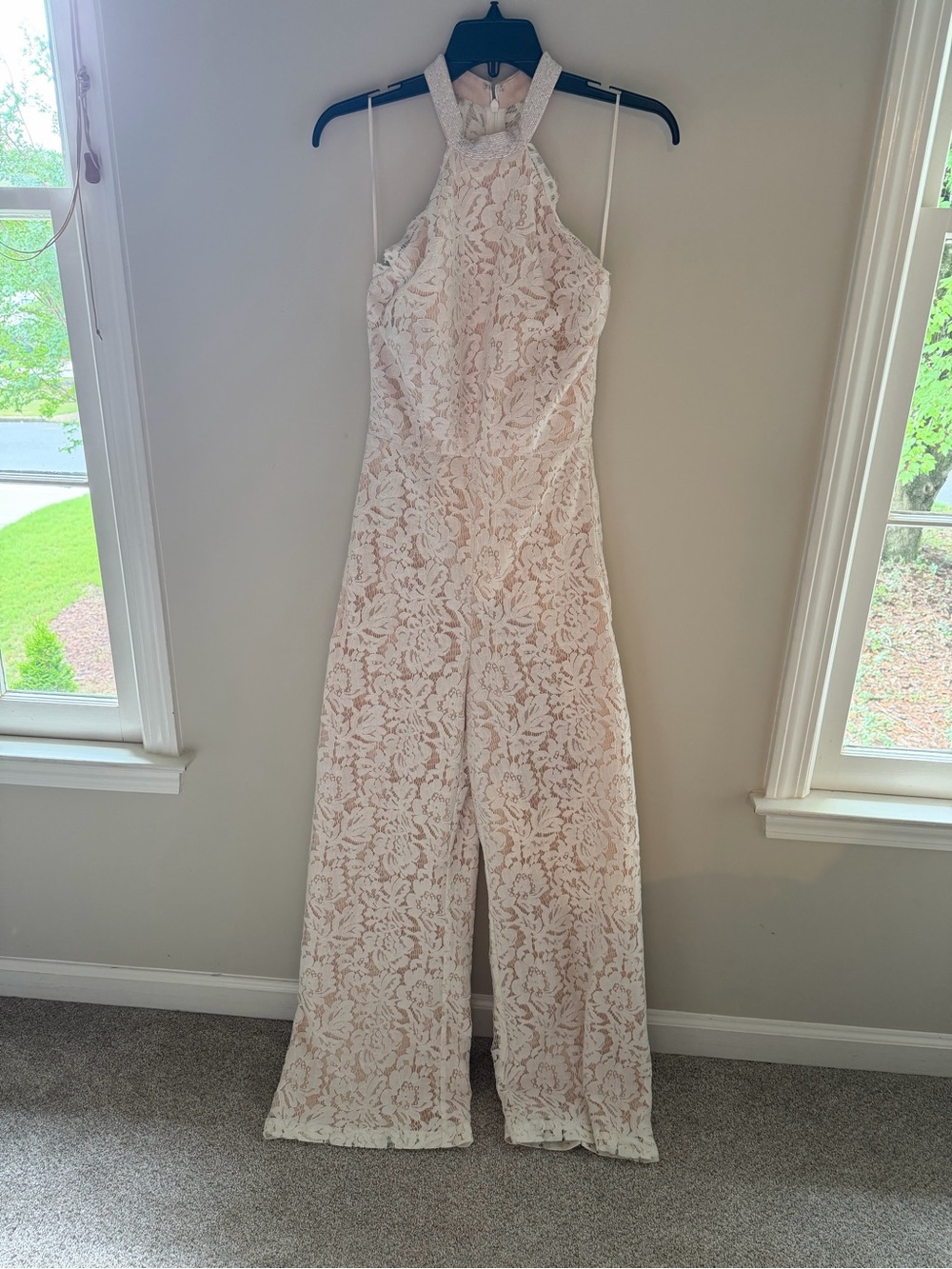 Sleeveless Lace Halter Jumpsuit in Ivory